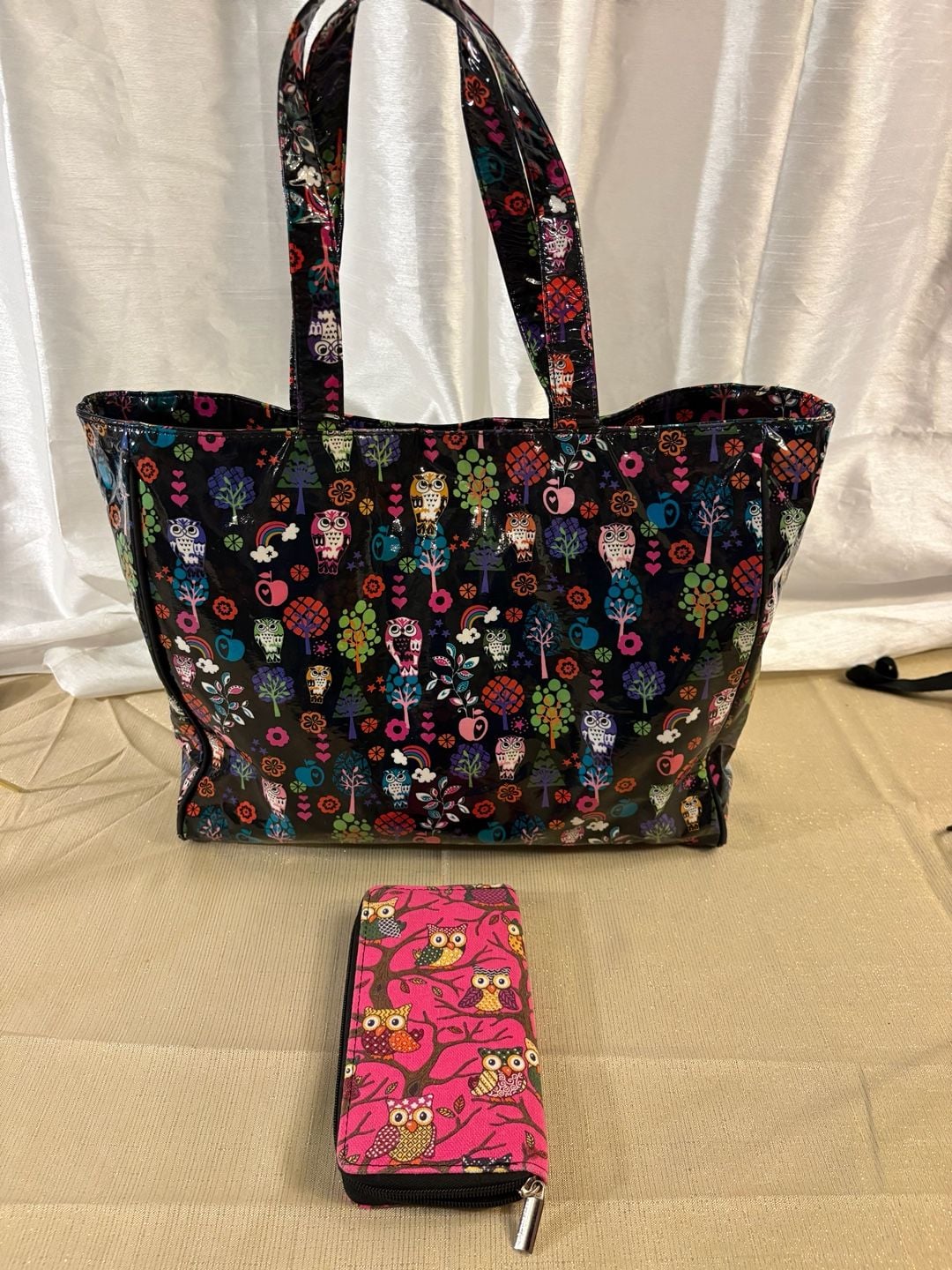 Paperchase Owl Print Patent Tote Bag And Matching Zippered Wallet Set